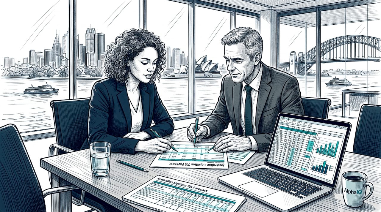 Colleagues discuss forecasted returns at table