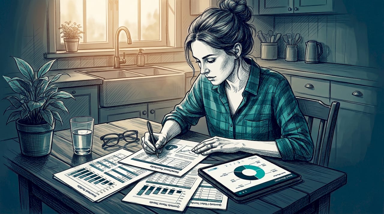 Woman evaluating portfolio at kitchen table