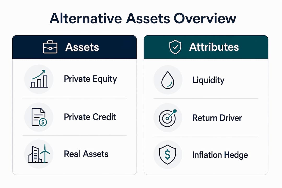 Infographic comparing alternative asset types and attributes