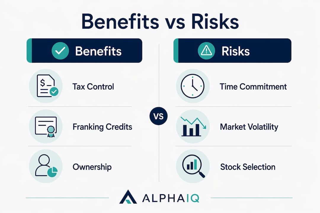 Infographic comparing direct share investing benefits and risks