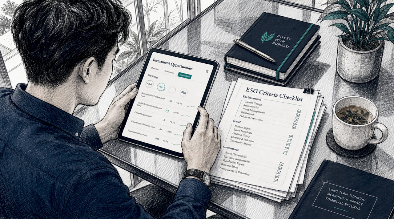 Hands using tablet with ESG investment checklists