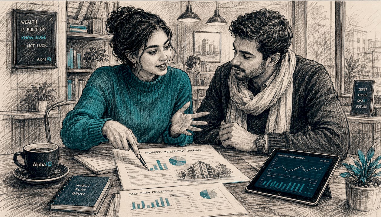 Couple discussing property investment outdoors