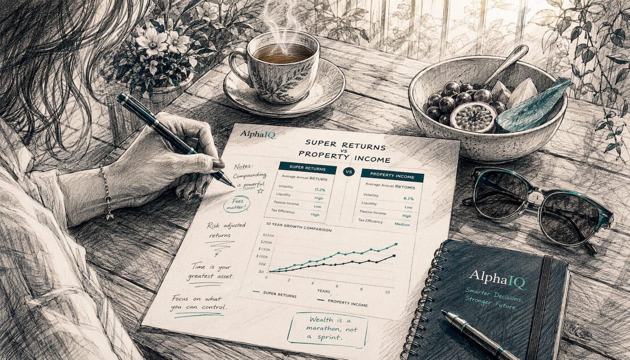 Hands reviewing super and property returns spreadsheet