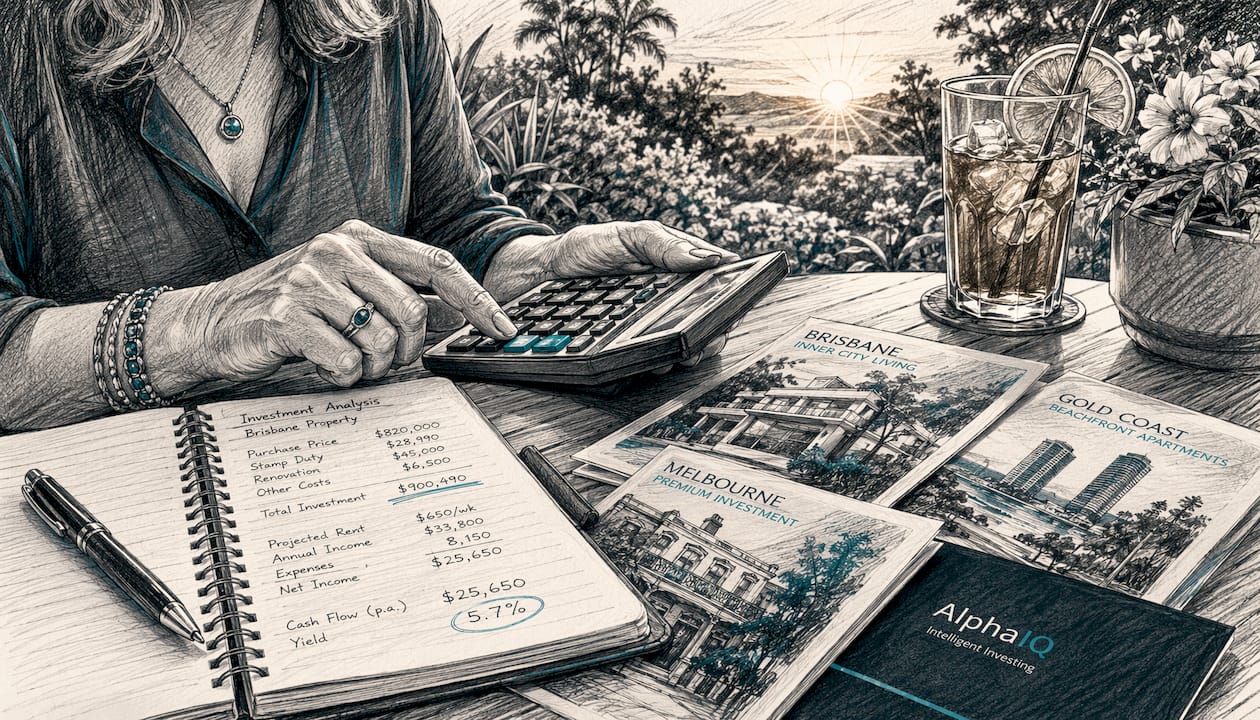 Hands calculating property investment numbers at kitchen table
