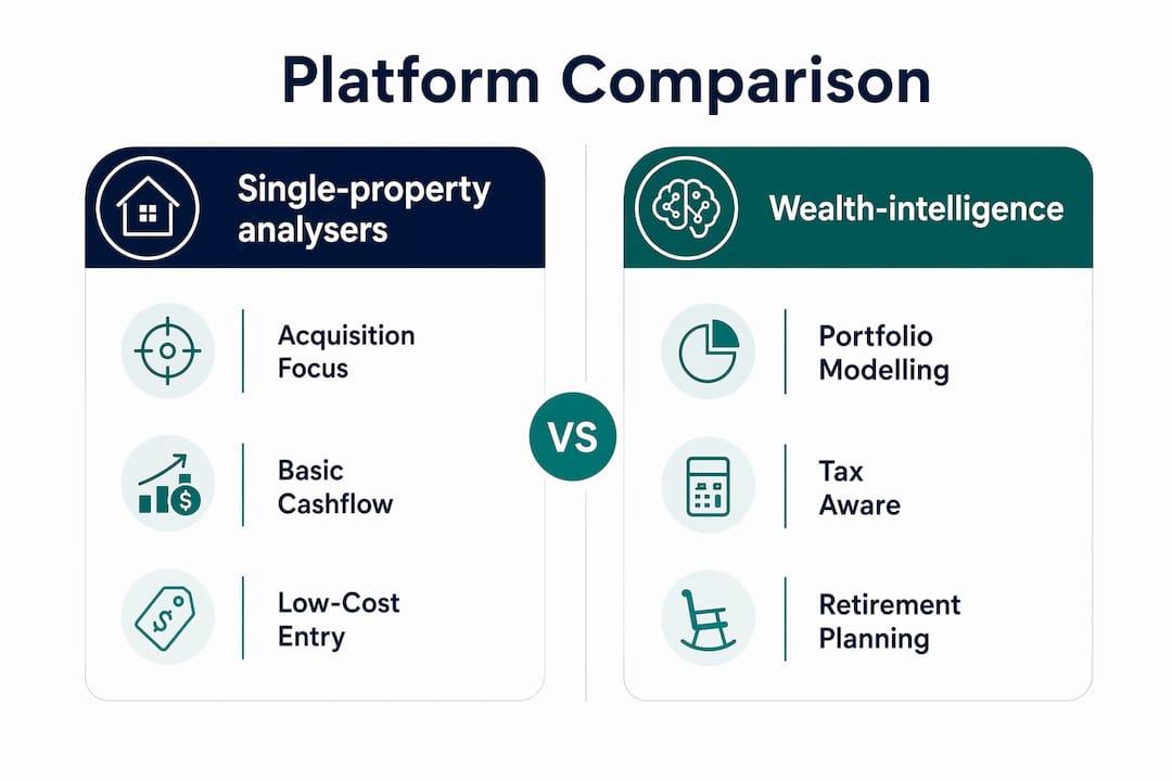 Infographic comparing single-property analysers and wealth-intelligence platforms