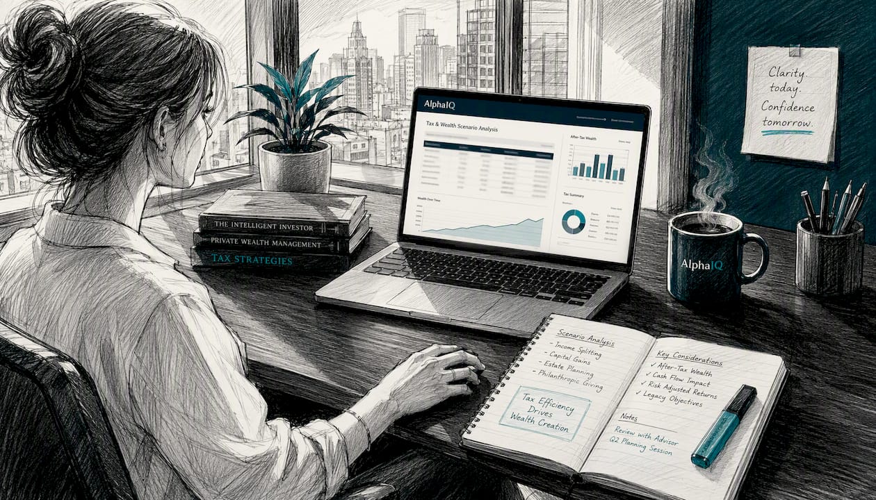 Hands interacting with Alphaiq tax modelling platform