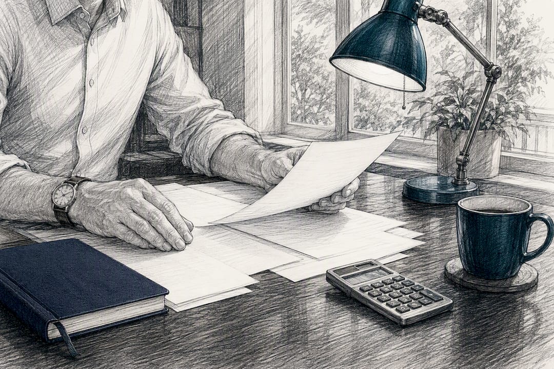 Hands reviewing financial papers on desk