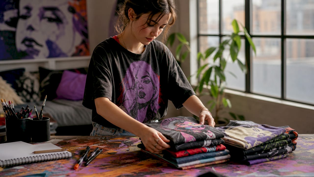 Close-up hands folding pop culture tees indoors