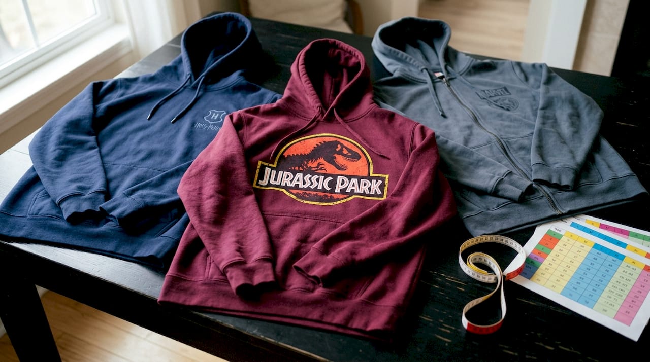 Overhead of assorted movie hoodies and size chart