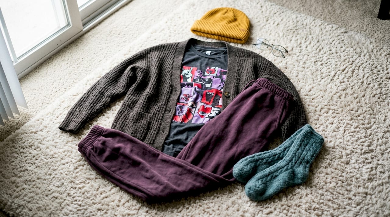 Flat lay of layered comfortable movie night outfit