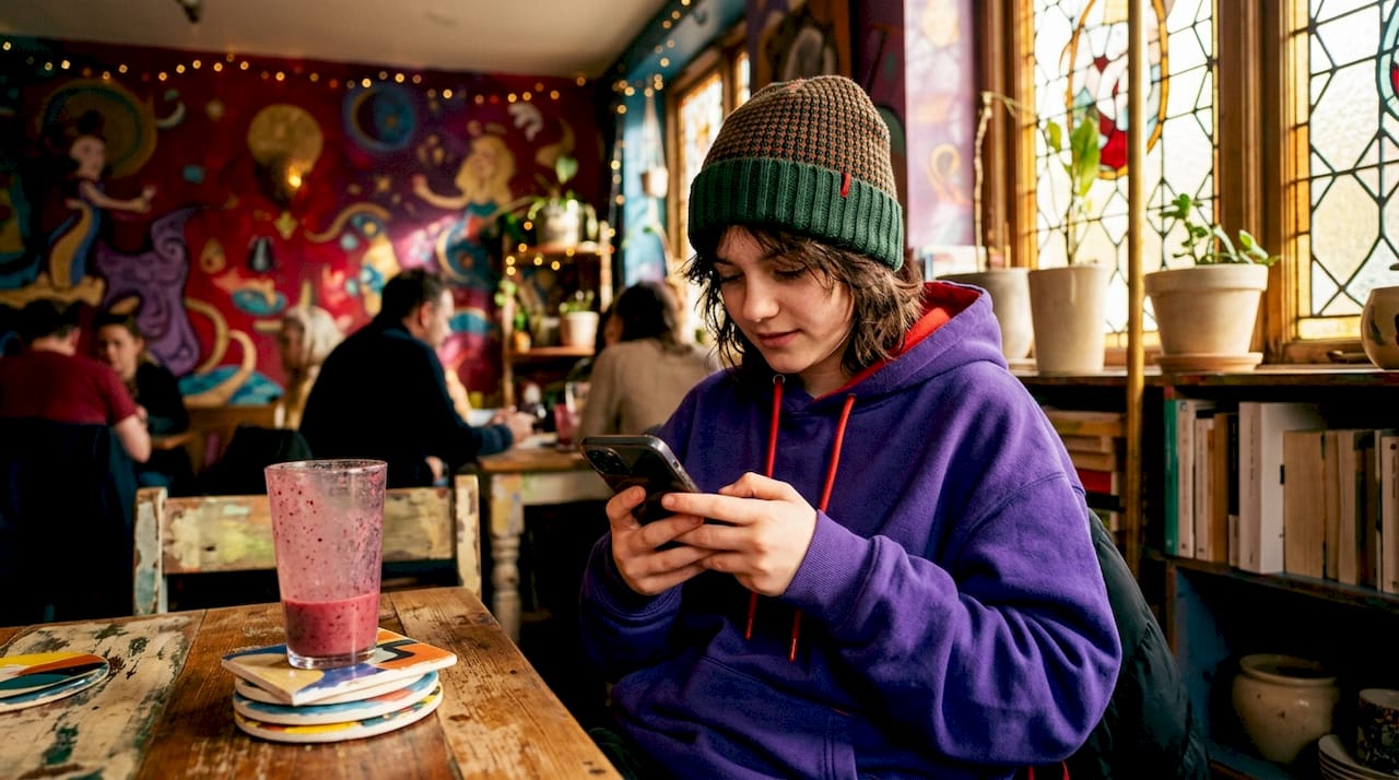 Teen girl scrolling social media wearing streetwear