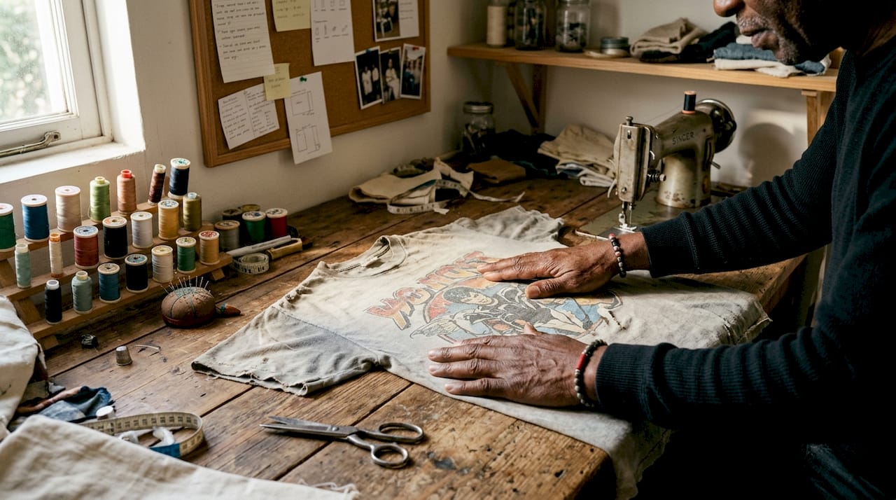 Hands examining vintage graphic tee fabric