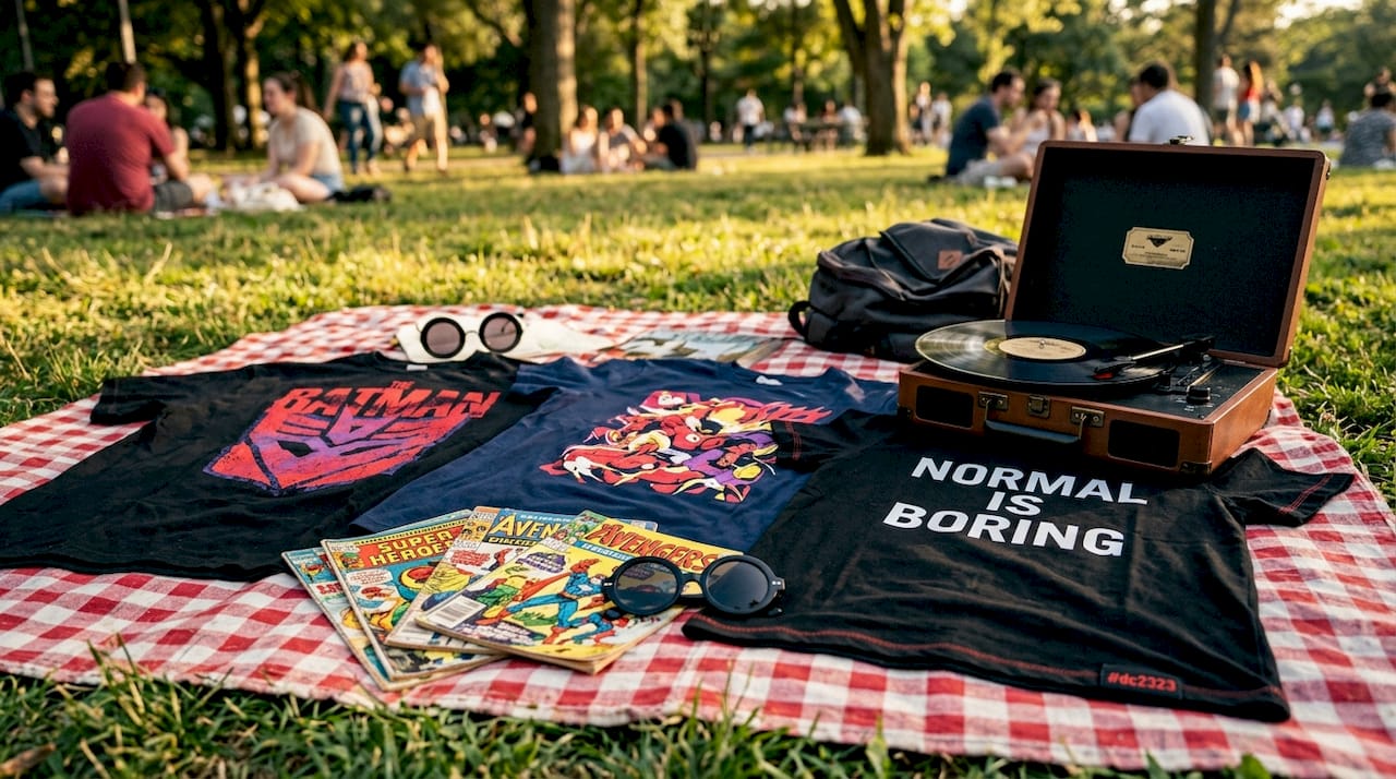 Variety of fandom shirt designs in flat lay