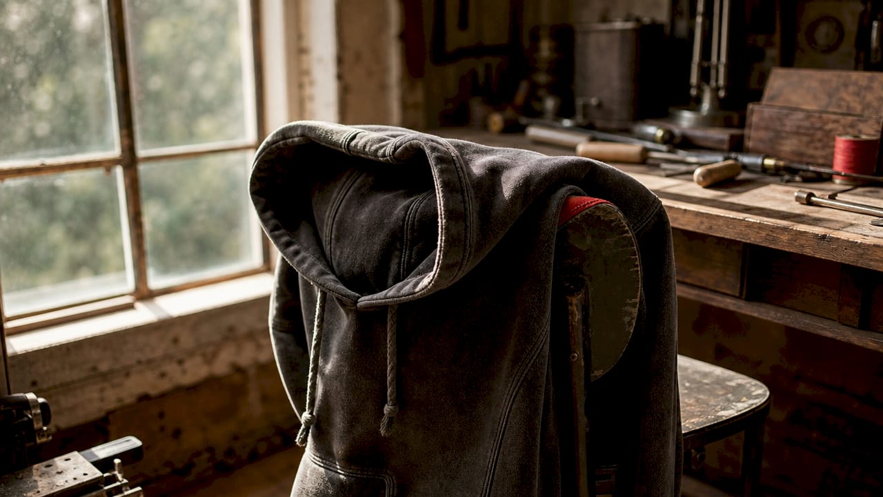 Close-up of vintage 1930s workwear hoodie garment