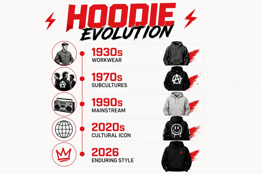 Timeline infographic showing hoodie fashion history