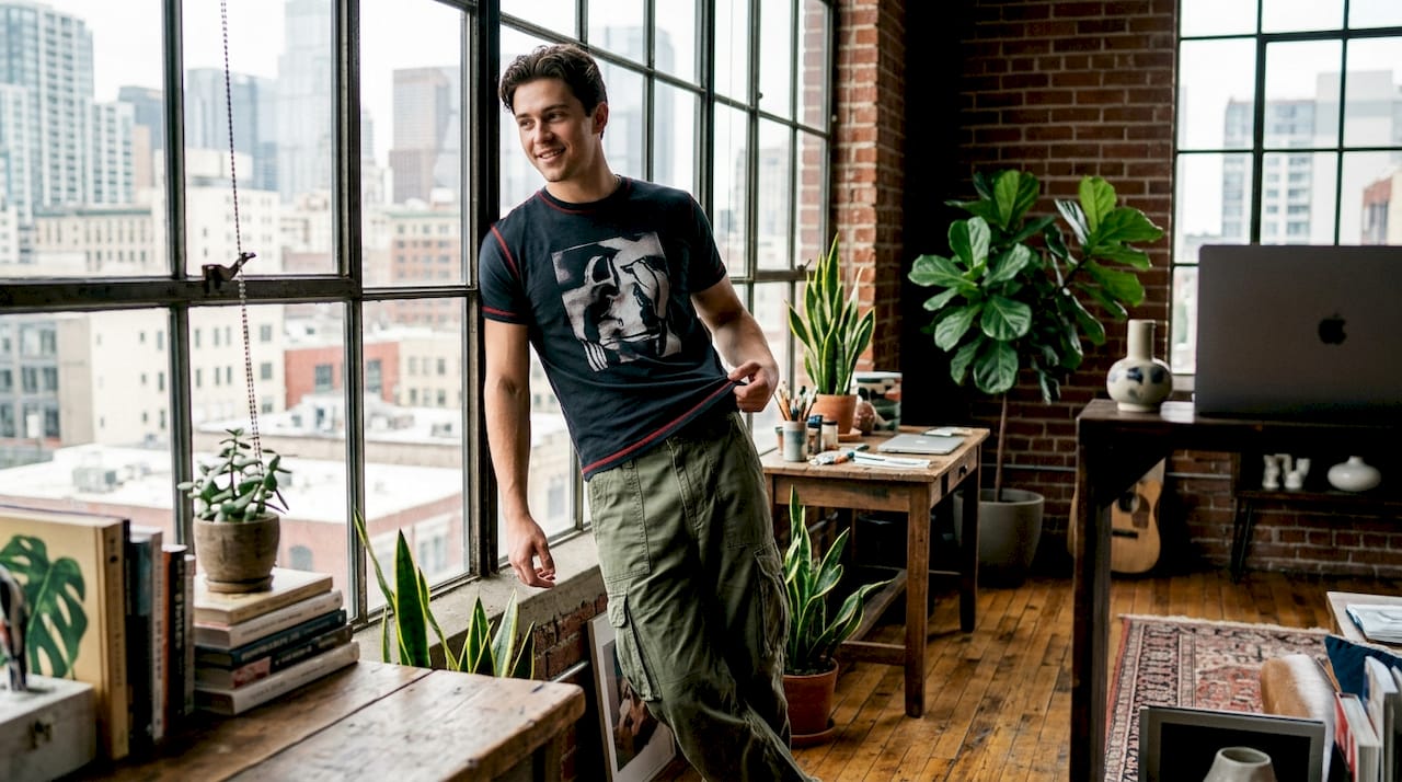 Man adjusting fitted graphic tee with loose pants