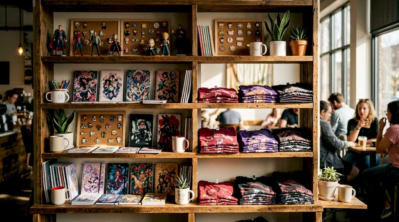 Organized fan merchandise collection on shelf