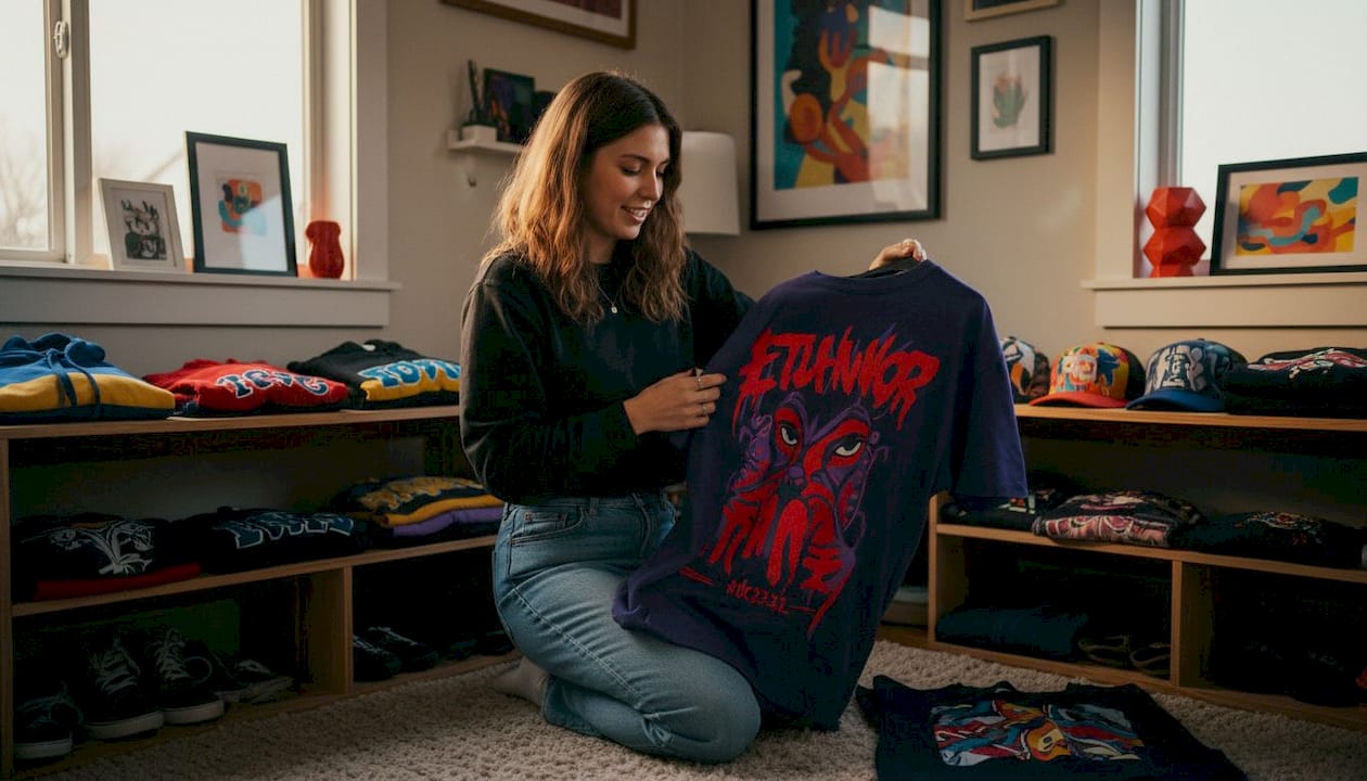 Hands choosing graphic tee from wardrobe