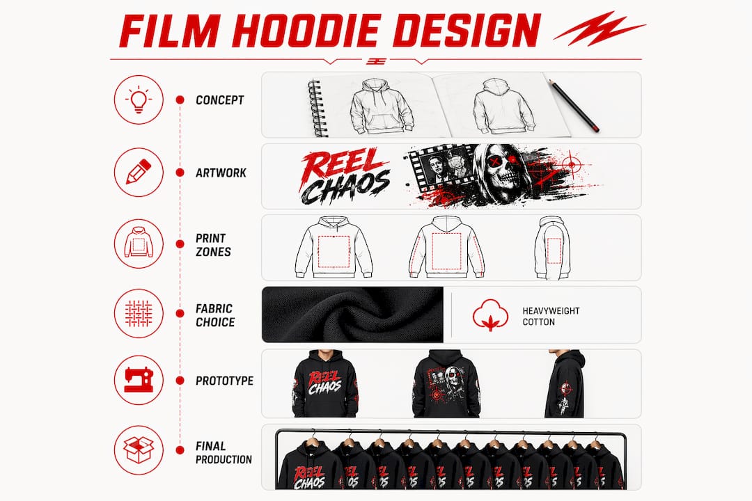 Infographic illustrating film hoodie design process steps