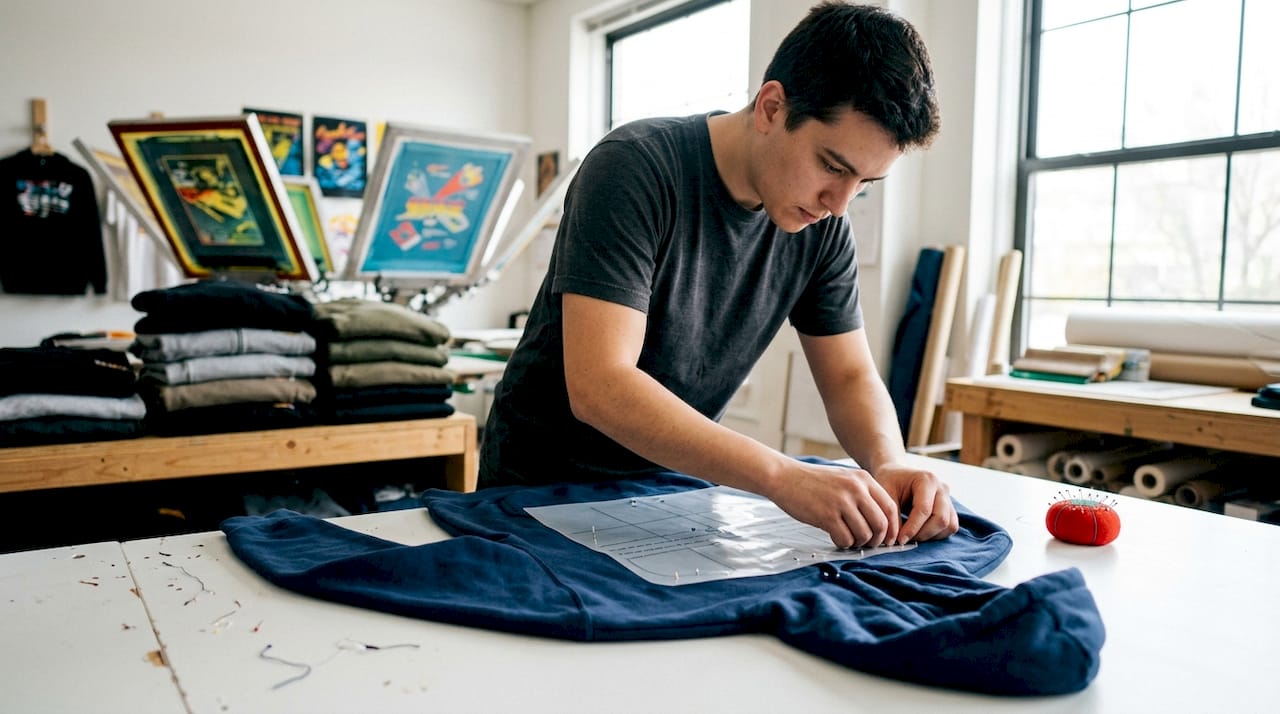 Technician marking print zones on hoodie fabric