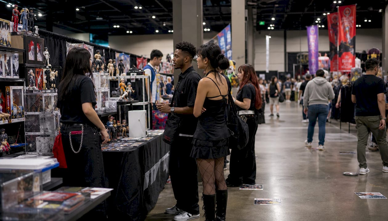 Busy fandom merchandise expo from above