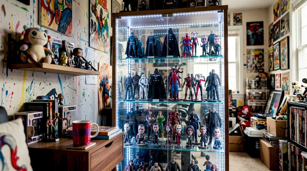 Collector's display of movie character figurines