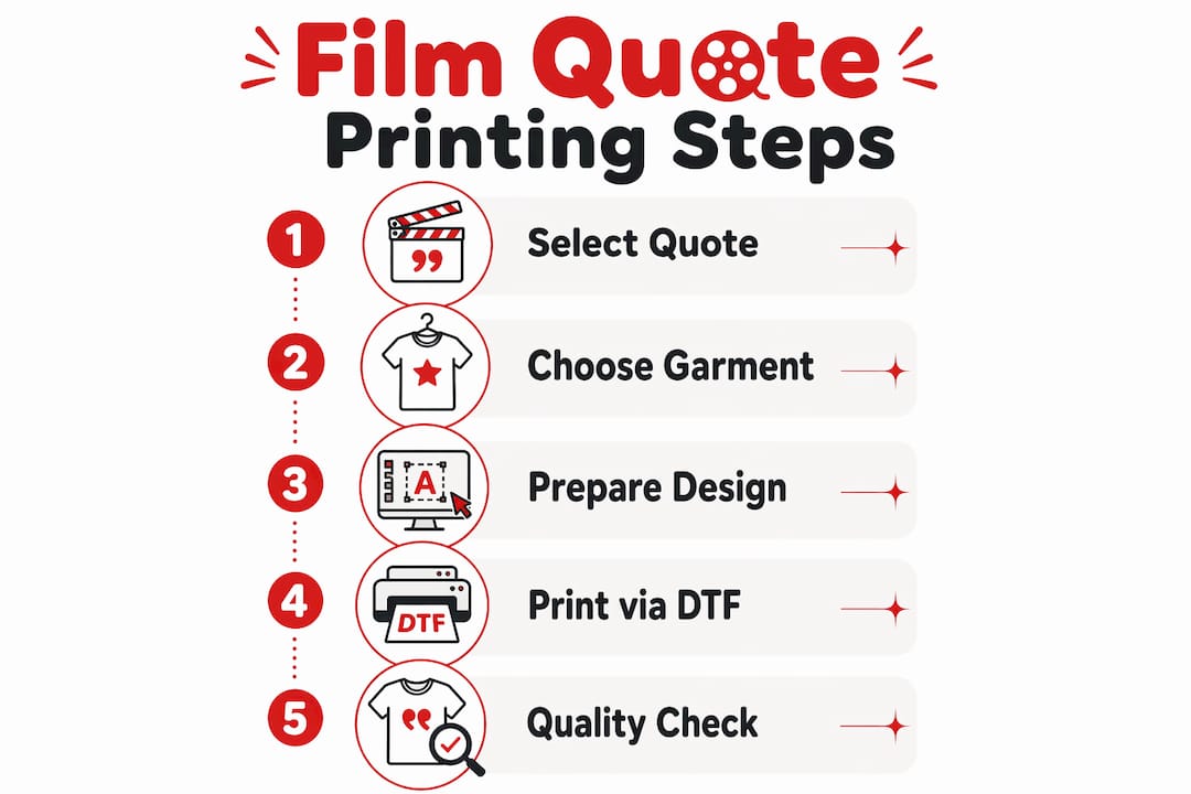 Infographic illustrating steps in printing film quote apparel