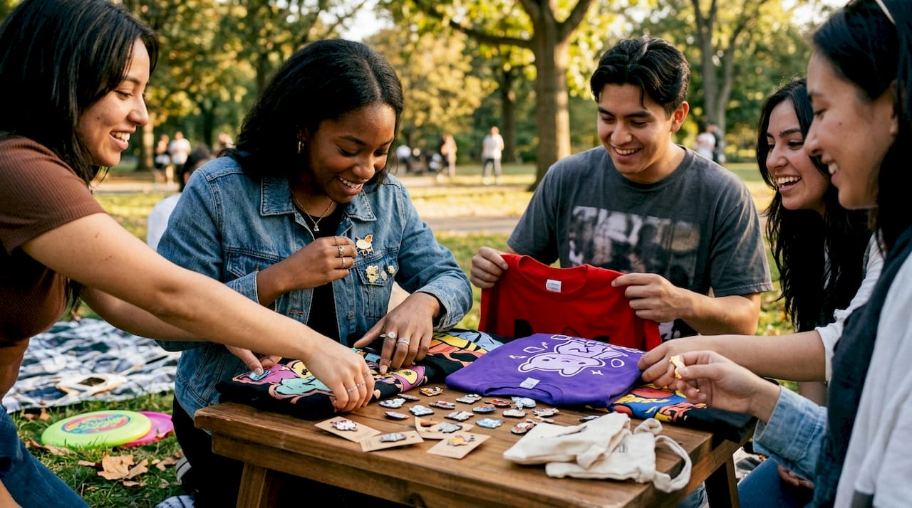 Fans showing character merchandise at café table
