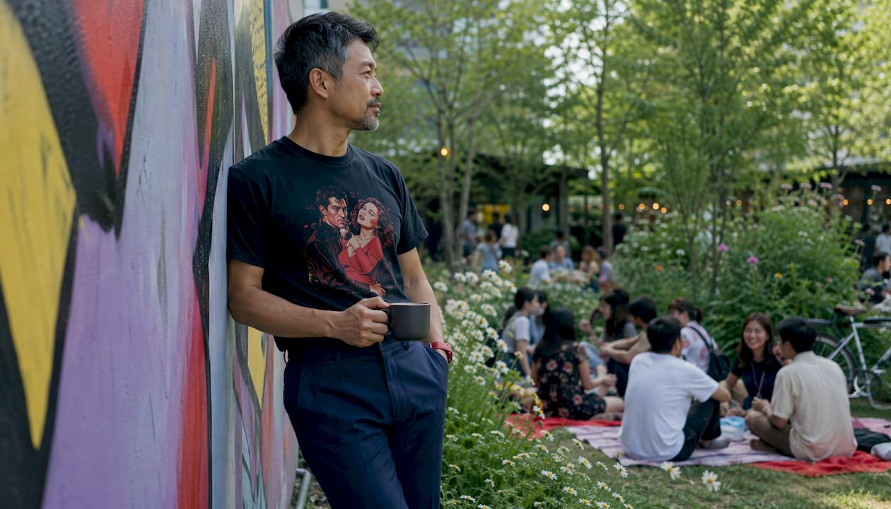 Man wearing classic vintage movie tee indoors