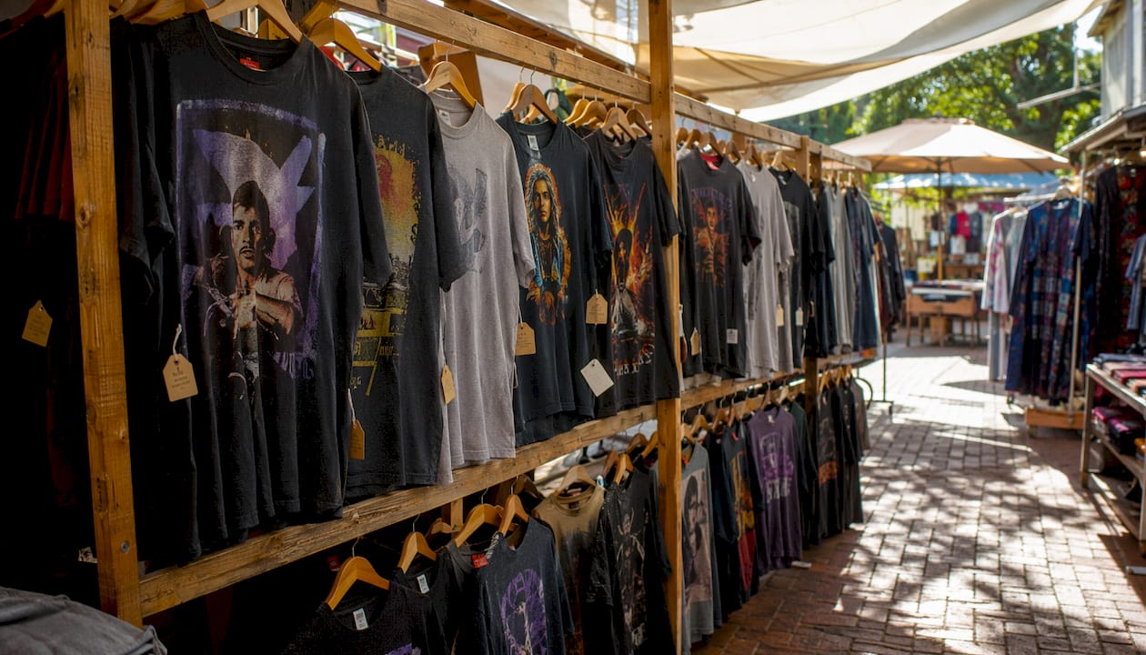 Overhead view of vintage movie tees and camera
