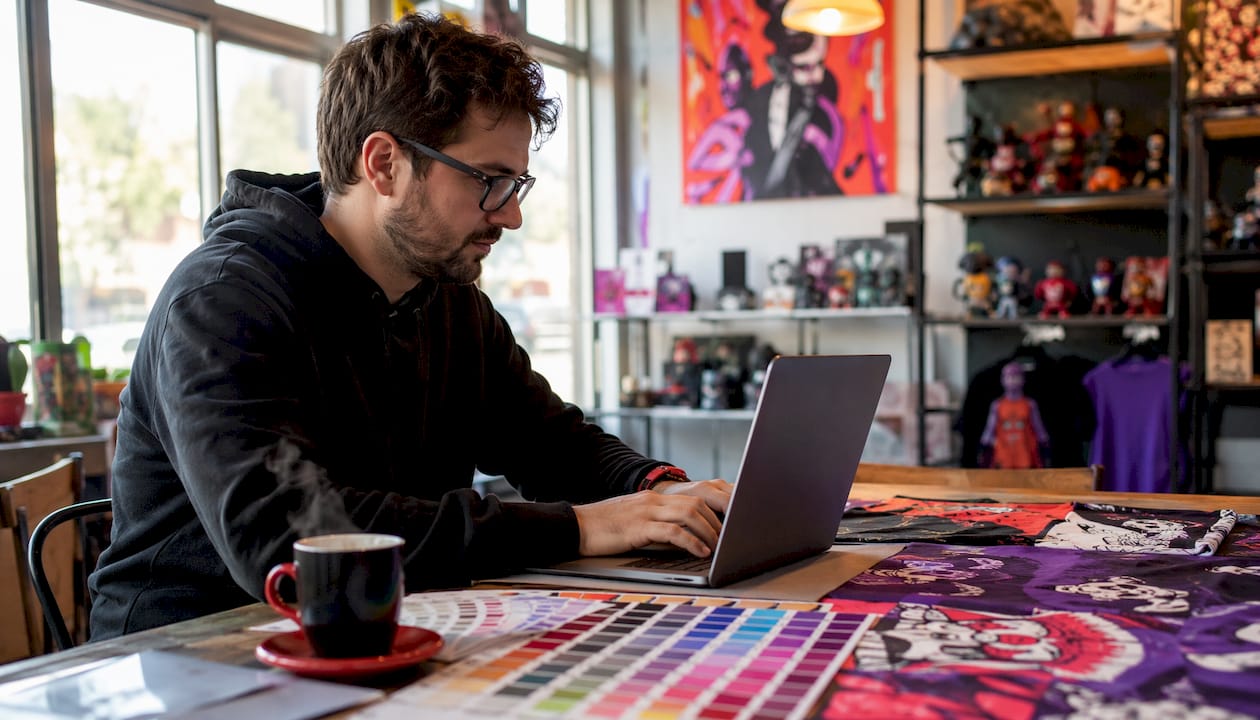Man reviewing POD platform samples on laptop