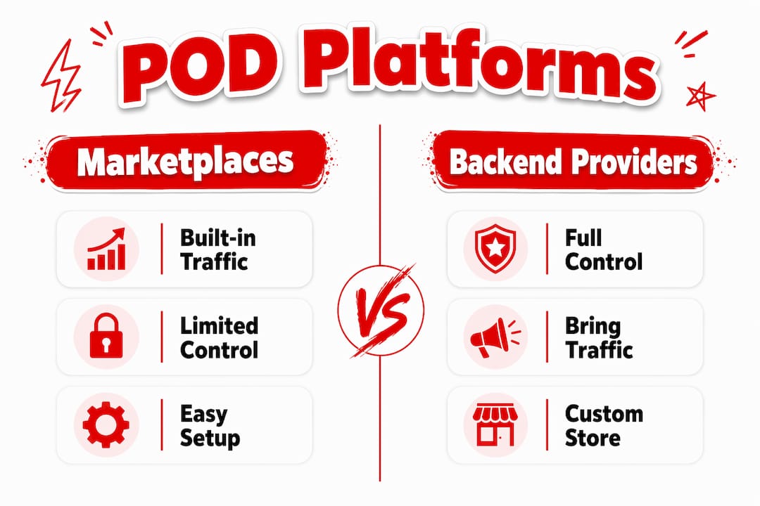 Infographic comparing marketplaces and backend POD providers