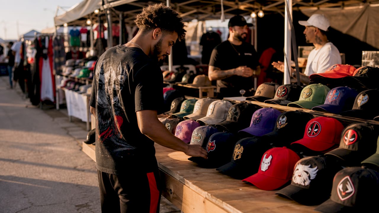 Man browsing embroidered movie baseball caps