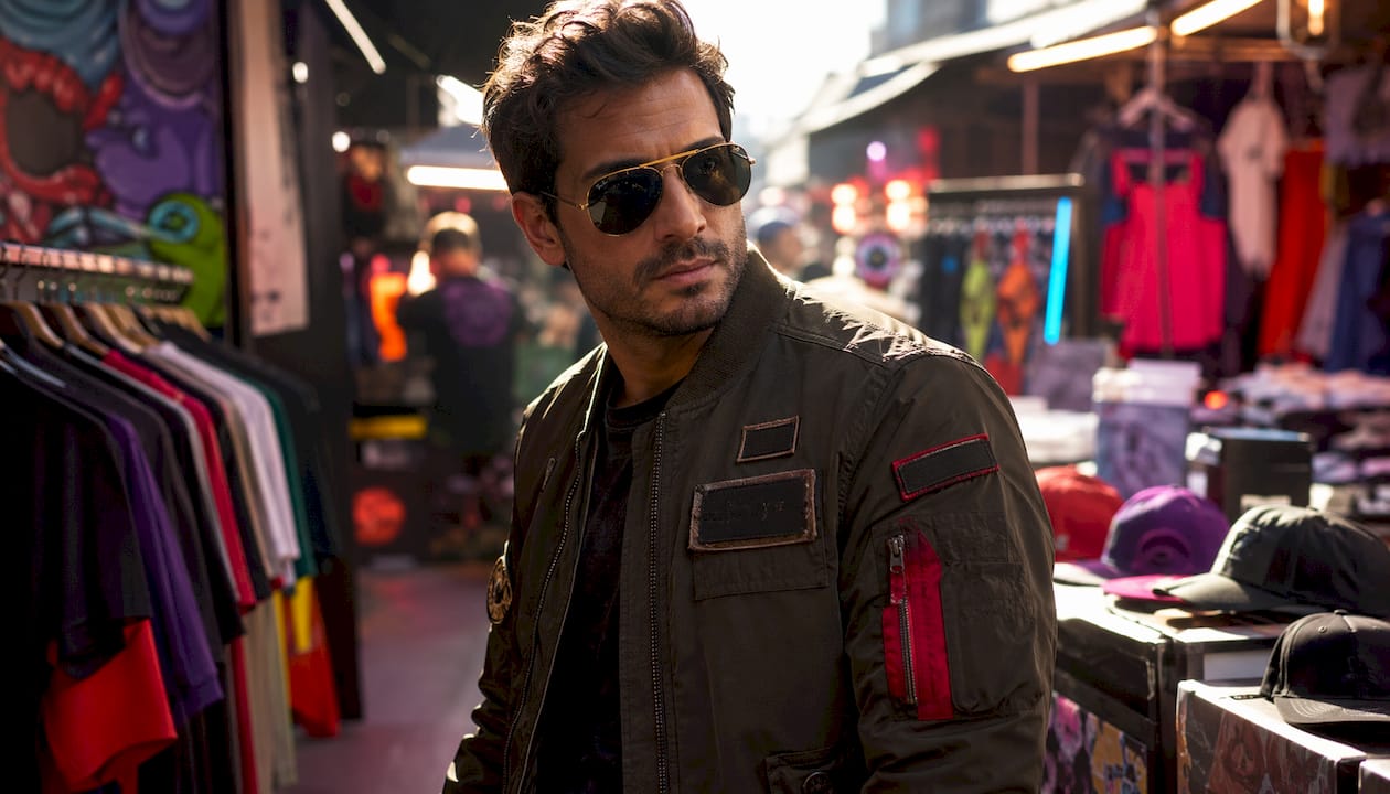 Model wearing action movie style bomber jacket in alley