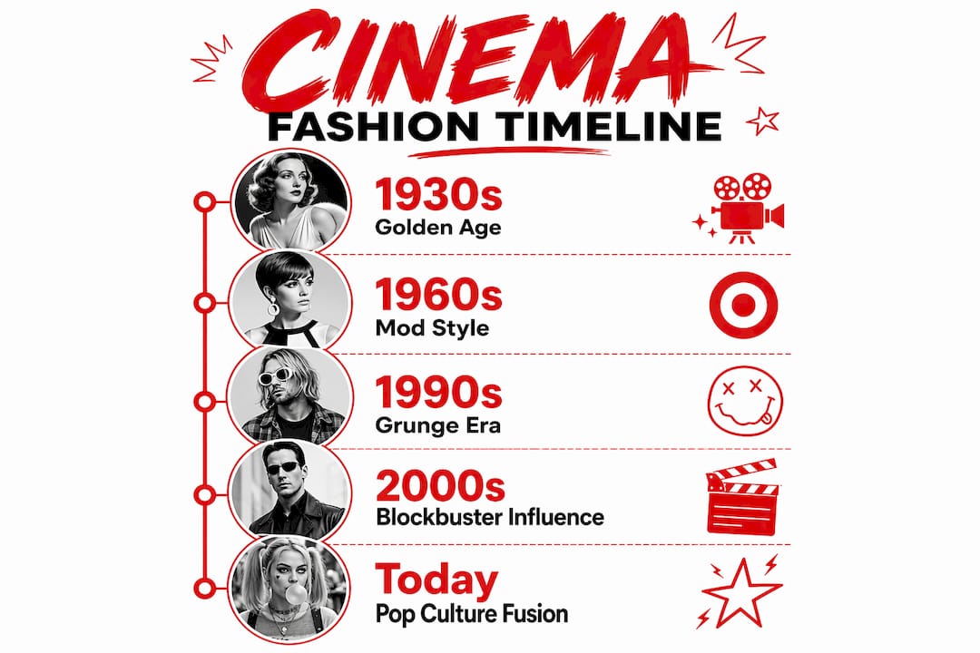 Infographic illustrating cinema fashion evolution timeline