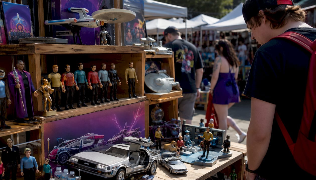 Close-up of vintage sci-fi collectibles in store display
