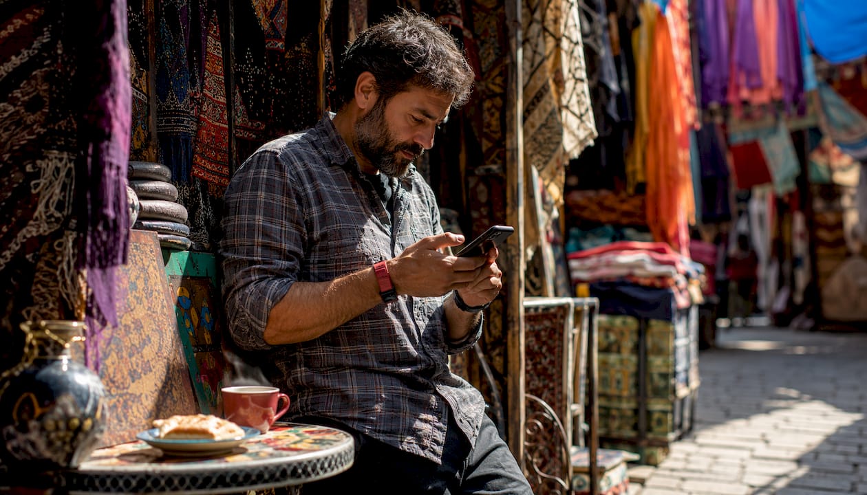 Man browsing daily drop tee site in café