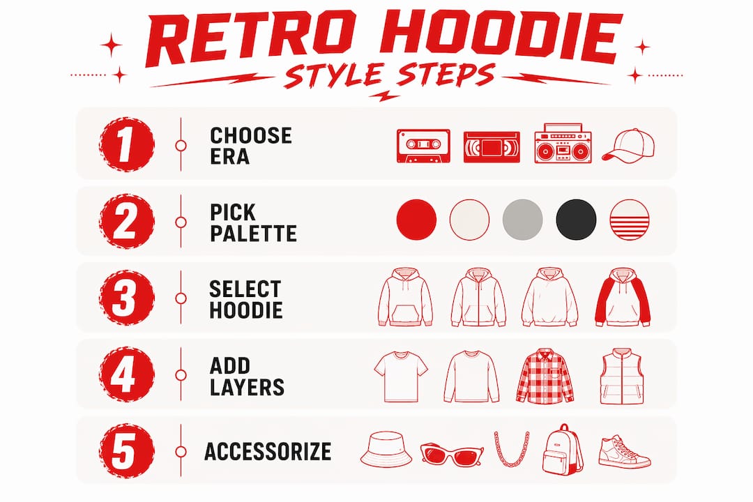 Infographic outlining retro film hoodie styling steps