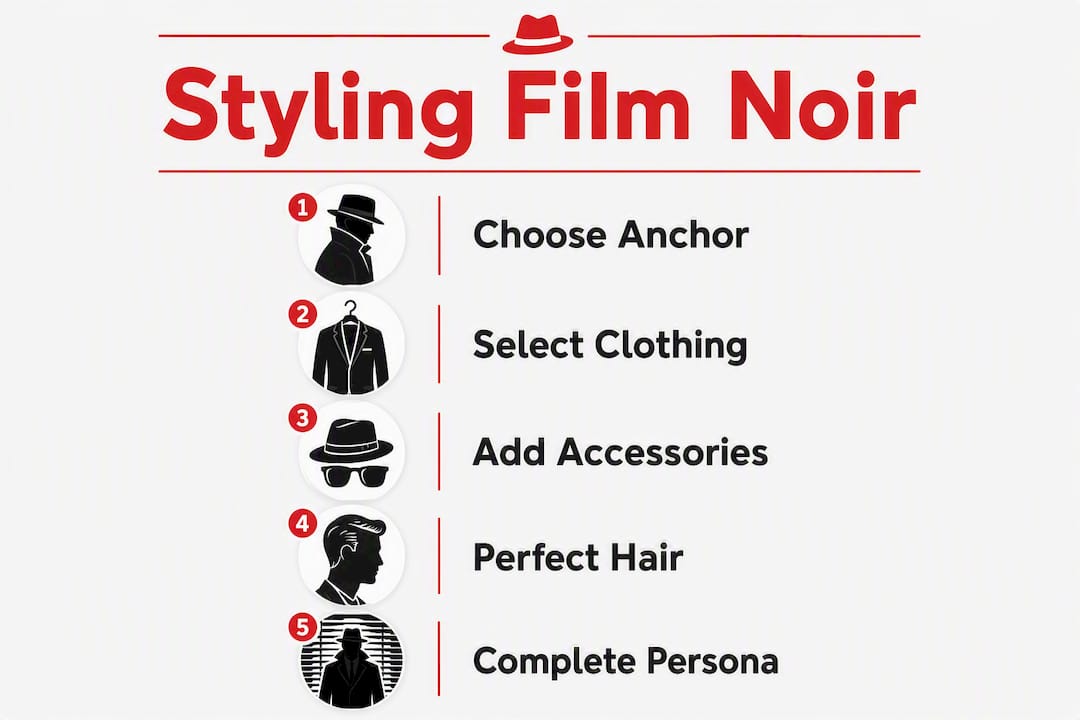Infographic showing film noir outfit styling steps
