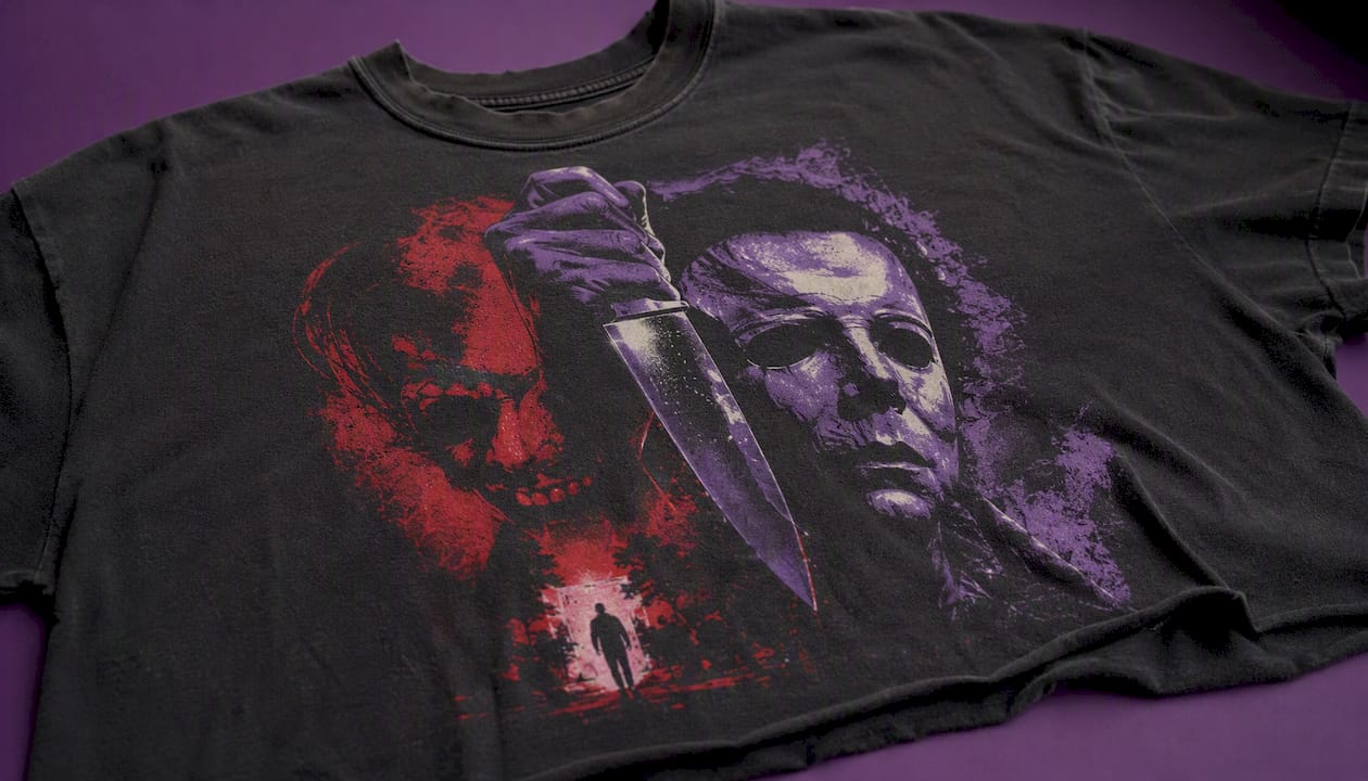 Close-up of illustrated movie tee print