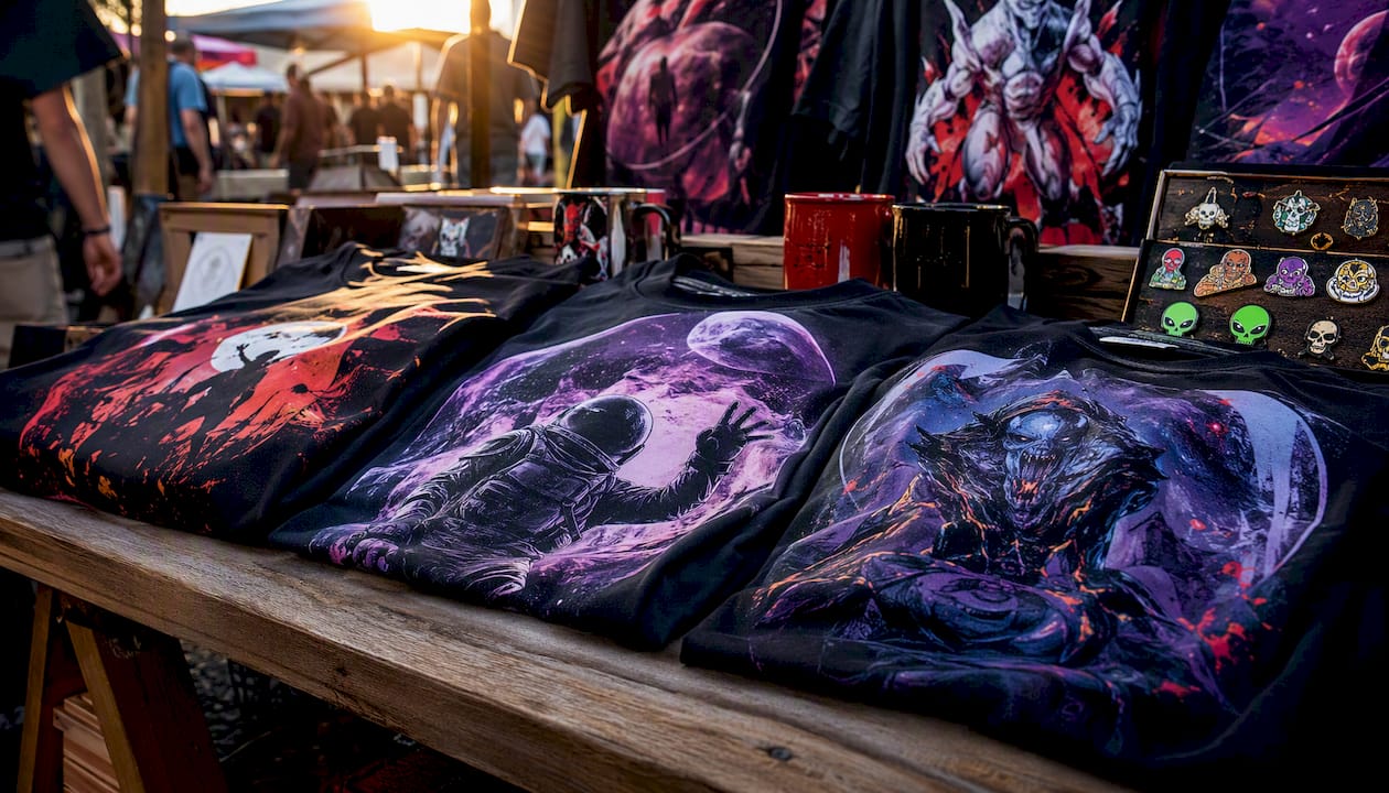 Hands displaying sci-fi graphic t-shirts with fan art