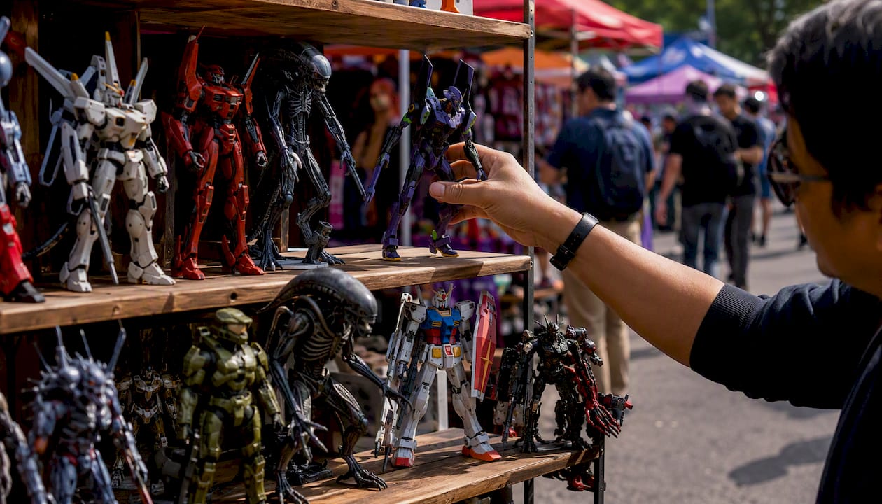 Hand arranging sci-fi collectible figures on shelf