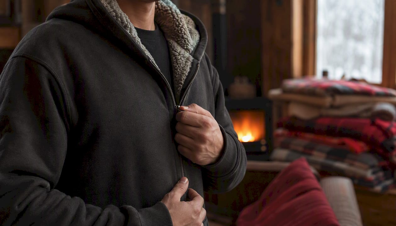 Person putting on heavyweight winter hoodie