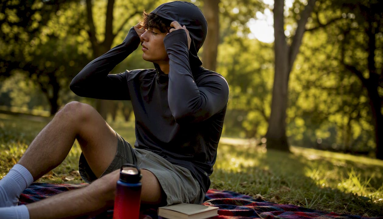 Person adjusting sun hoodie hood outdoors