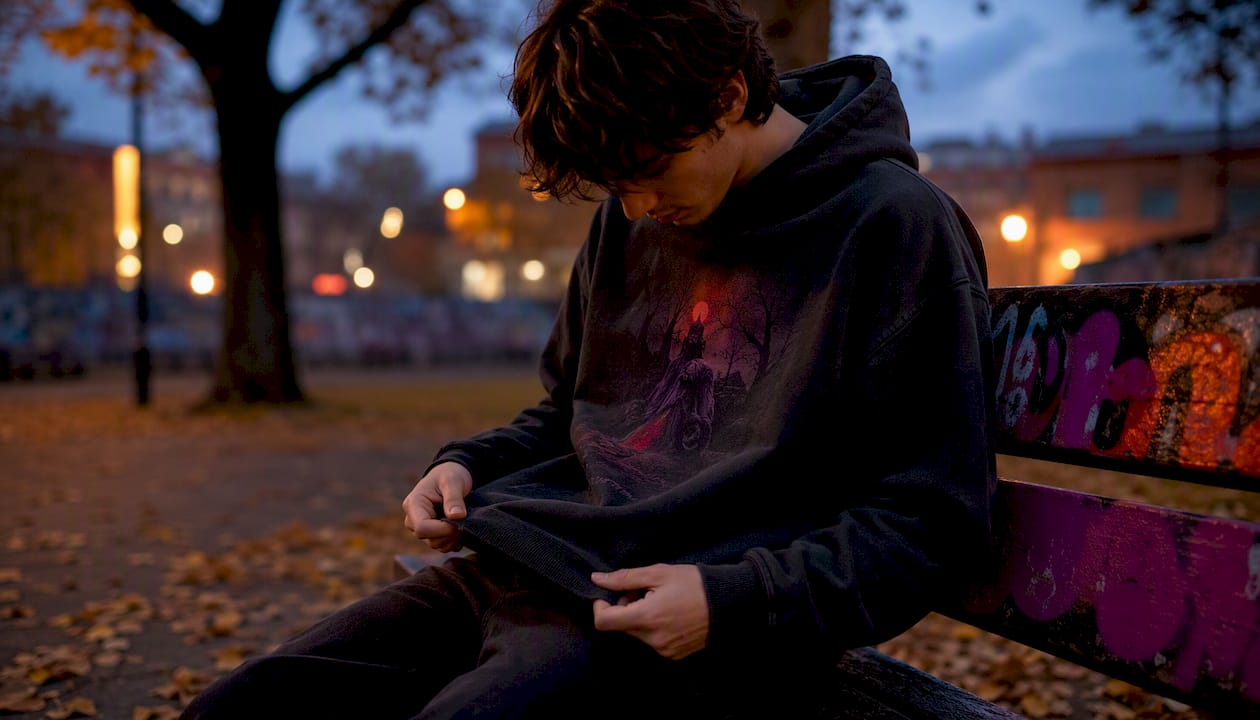 Person adjusting horror hoodie sleeve outdoors