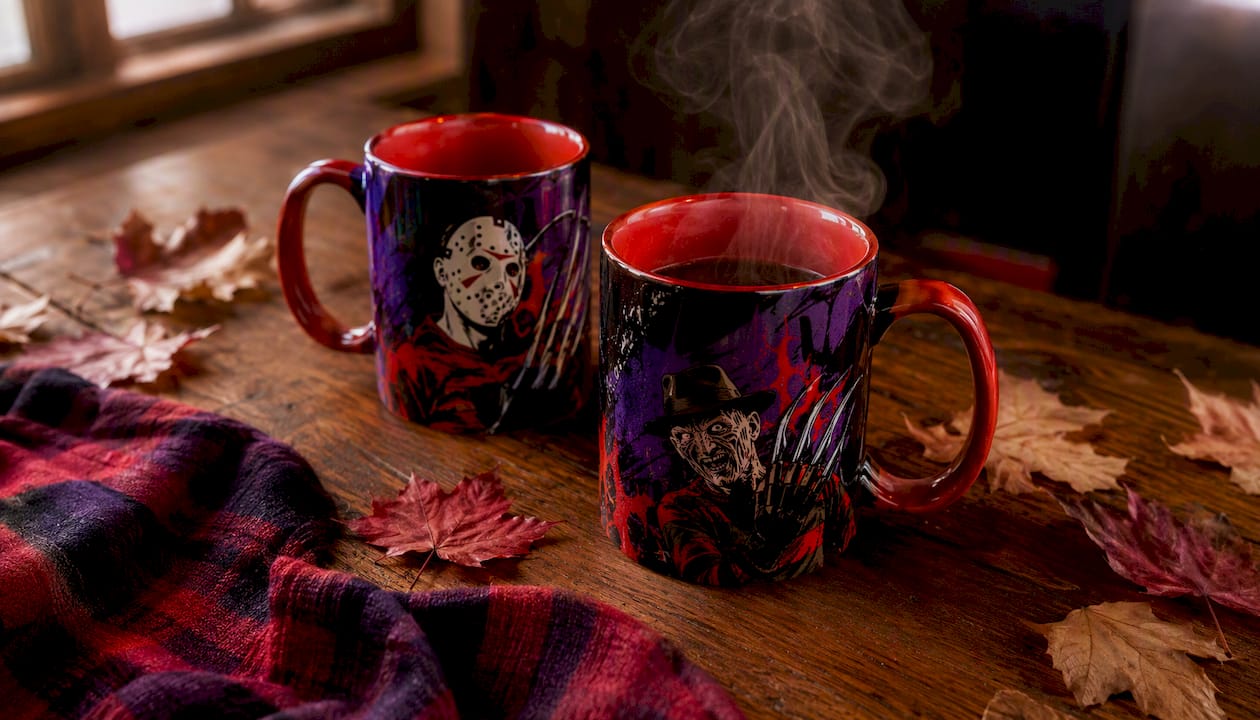 Steaming horror-themed mugs on table