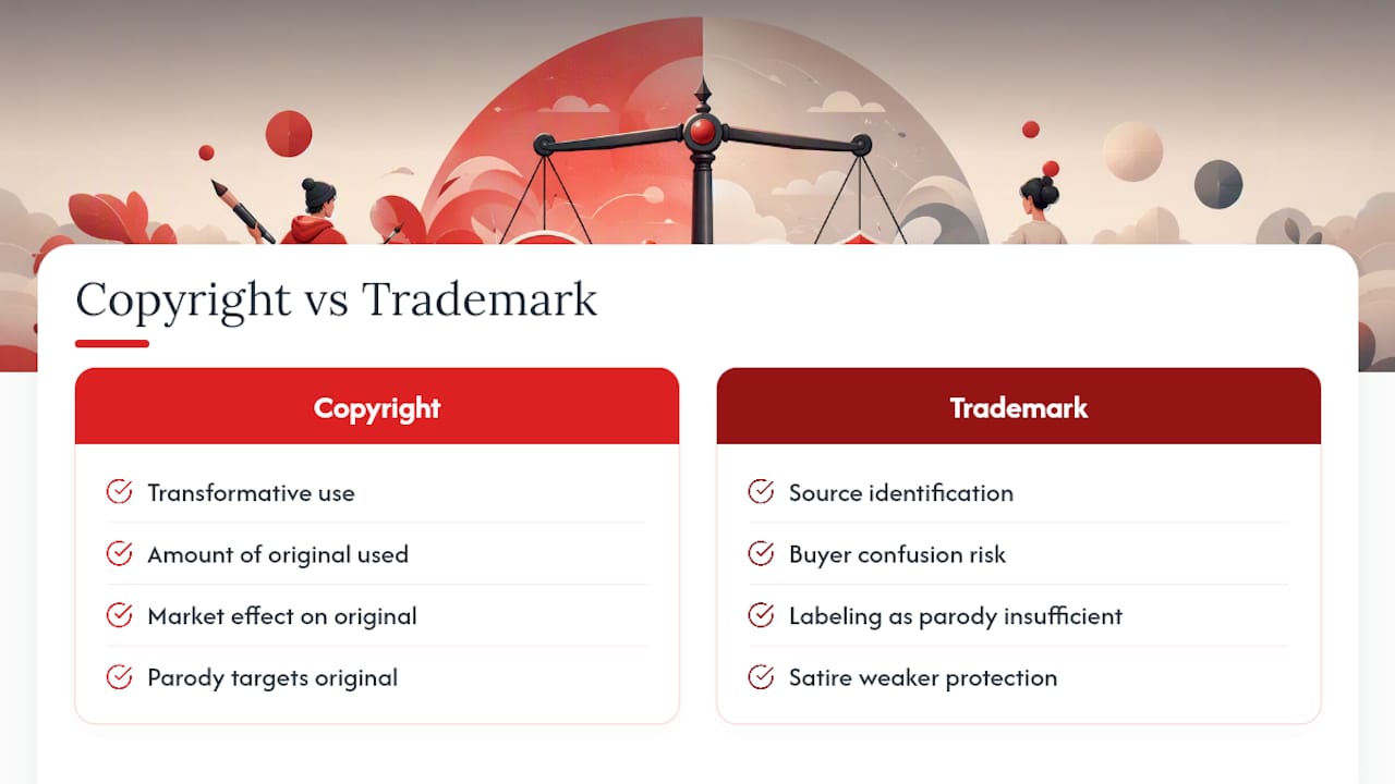 Diagram comparing copyright and trademark law for parody merch