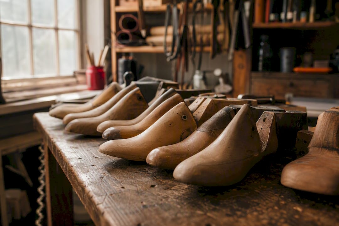 Varied wooden shoe lasts on bench