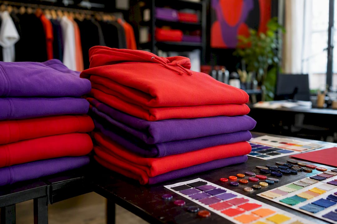 Stack of colorful folded hoodies on table