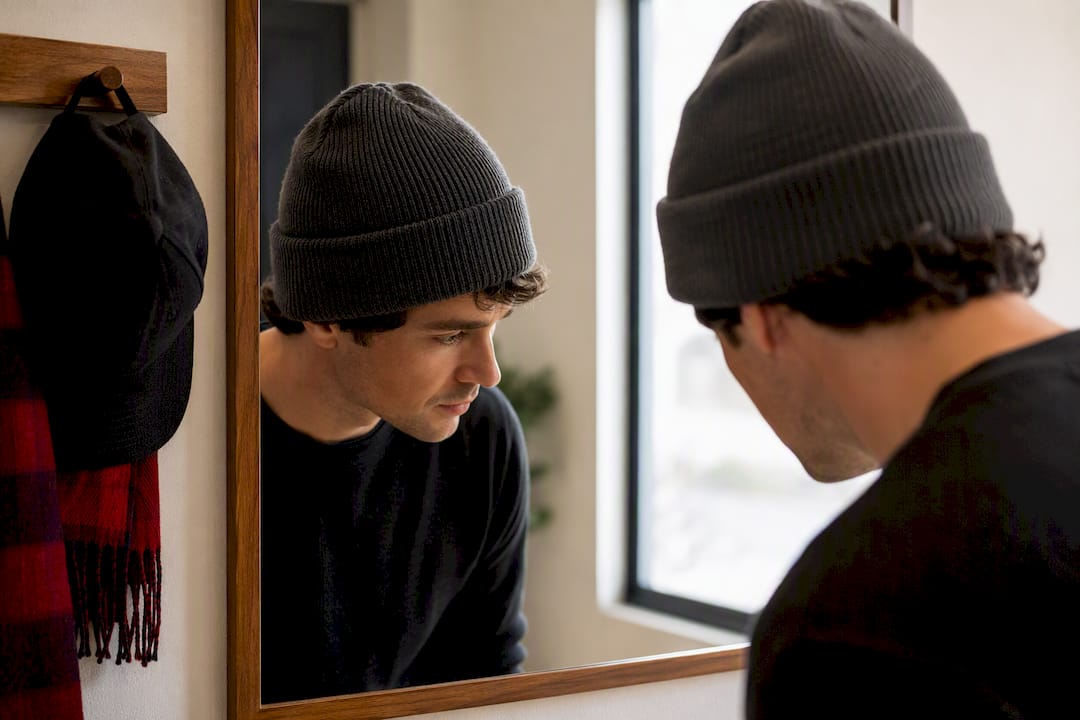 Person checking beanie fit in mirror